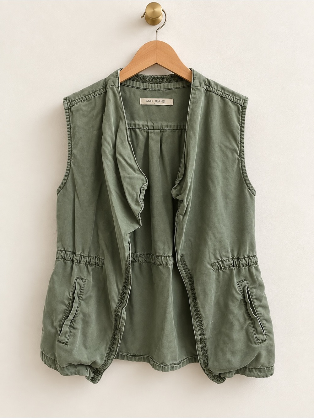 Max Jeans Women’s Size L Olive Green Tencel Utility Vest Draped Open Front